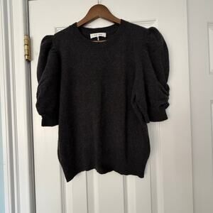 FRAME Crew Neck 100% Cashmere Ruched Puff Sleeves Sweater Charcoal Heather LG